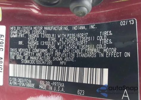 2013 Toyota Sienna Le V6 8 Passenger z USA, uszkodzony, nr VIN 5TDKK3DC1DS347395